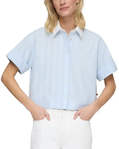 Lafayette 148 New York Contrast Collar Button Front Blouse In Blue