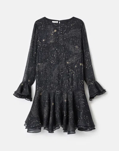 Lafayette 148 Cosmos Print Crinkle Silk Ruffled Dress In Blue