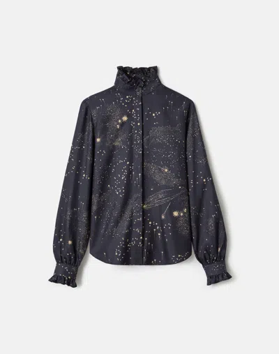 Lafayette 148 Cosmos Print Silk Twill Ruffle Blouse In Blue