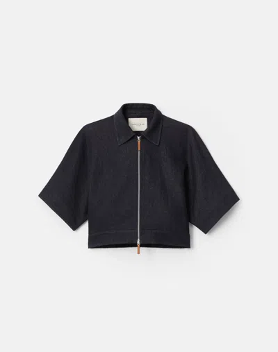 Lafayette 148 Cotton Linen Twill Zip Front Cropped Short Jacket In Navy