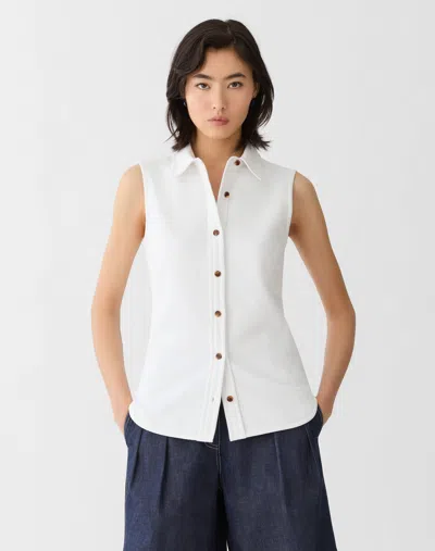 Lafayette 148 Cotton Pique Jersey Button Front Top In White