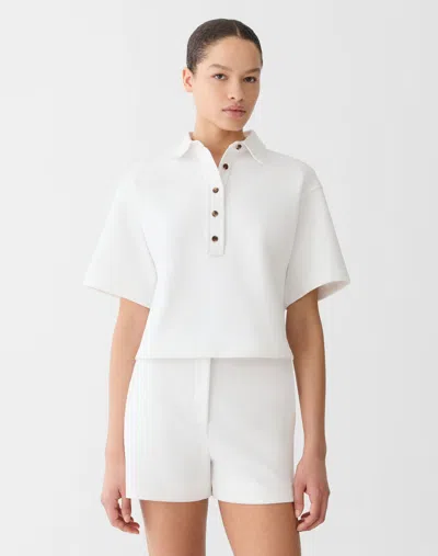 Lafayette 148 Cotton Pique Jersey Cropped Polo Top In White