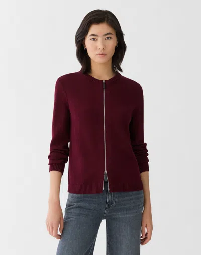 Lafayette 148 Cotton Silk Crewneck Bomber Cardigan In Burgundy