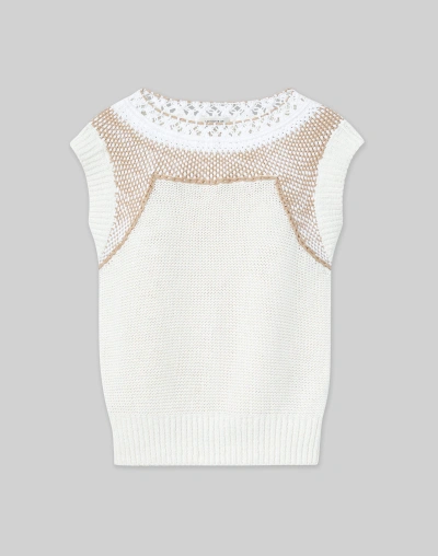 Lafayette 148 Cotton-silk Hand Macramé Trim Sweater In White