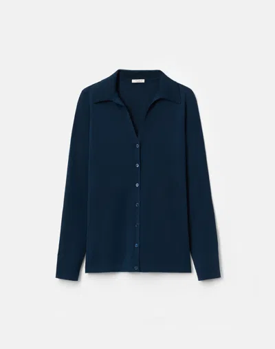 Lafayette 148 Cotton Silk Long Sleeve Polo Fitted Cardigan In Lido Blue
