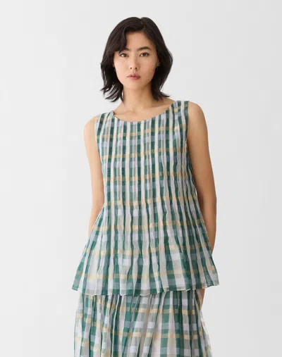 Lafayette 148 Cotton Silk Plaid Hand Pintucked Peplum Blouse In Multi