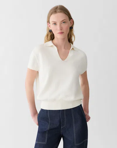 Lafayette 148 Cotton Silk Short Sleeve Polo Sweater In White