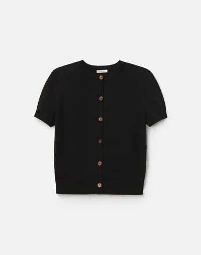 Lafayette 148 Cotton Silk Short Sleeve Slim Fit Cardigan In Black