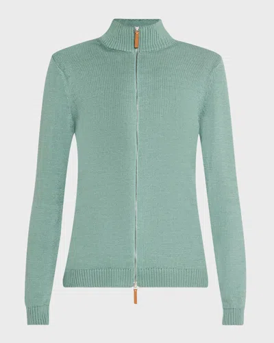 Lafayette 148 Cotton-silk Tape Fitted Bomber Sweater In Lagoon Green