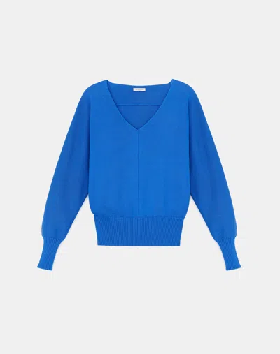 Lafayette 148 Cotton-silk Tape Wide V-neck Dolman Sweater In Blue