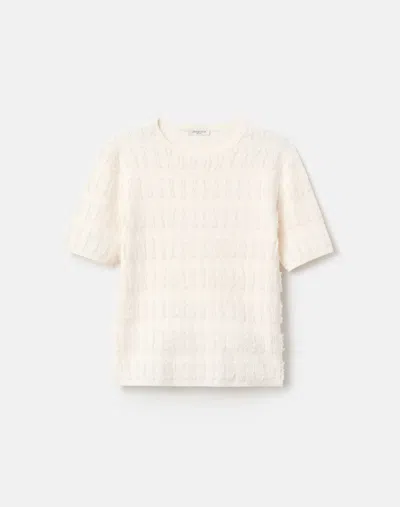 Lafayette 148 Cotton Voile Fringe Jacquard Short Sleeve Sweater In White