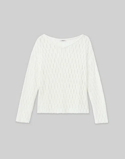 Lafayette 148 Cottonsilk Lattice Stitch Wide V-neck Sweater In White