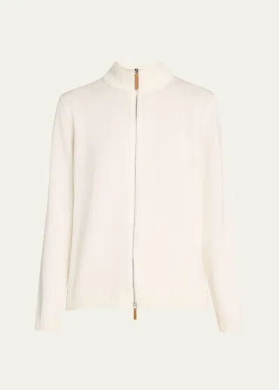 Lafayette 148 Cotton-silk Tape Fitted Bomber Sweater In Cloud