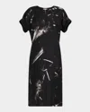 Lafayette 148 New York Charcoal Print Short Sleeve Silk Twill Dress In Black Multi