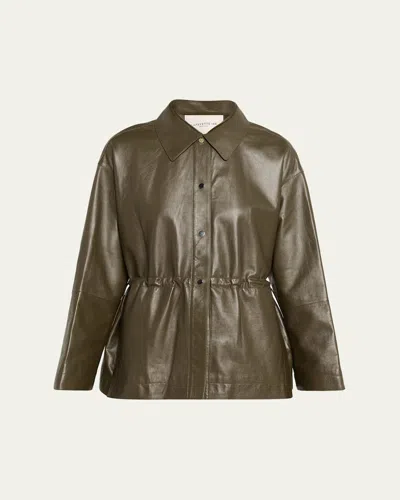 Lafayette 148 Drawstring Lambskin Leather Shirt Jacket In Green