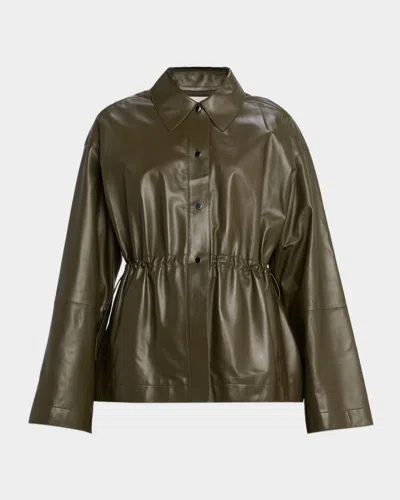 Lafayette 148 Drawstring Lambskin Leather Shirt Jacket In Green