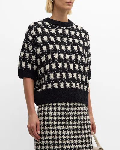 Lafayette 148 Elbow-sleeve Houndstooth Sweater In Black/cloud