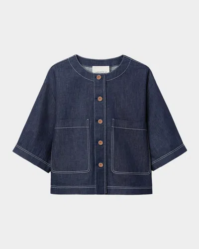 Lafayette 148 Chambray Cotton Patch Pocket Cropped Jacket In Blue