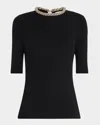 Lafayette 148 Embellished Elbow-sleeve Rib Knit Sweater In Black