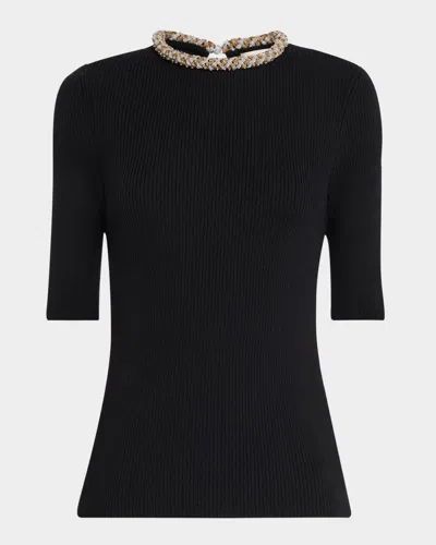 Lafayette 148 Embellished Elbow-sleeve Rib Knit Sweater In Black