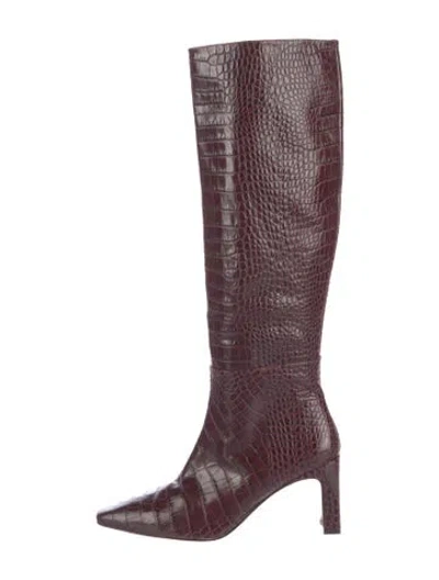 Pre-owned Lafayette 148 Embossed Leather Animal Print Boots In Burgundy