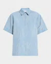 Lafayette 148 Embroidered Boxy Cotton Shirt In Paper Blue