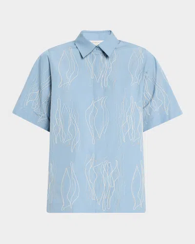 Lafayette 148 Embroidered Boxy Cotton Shirt In Paper Blue