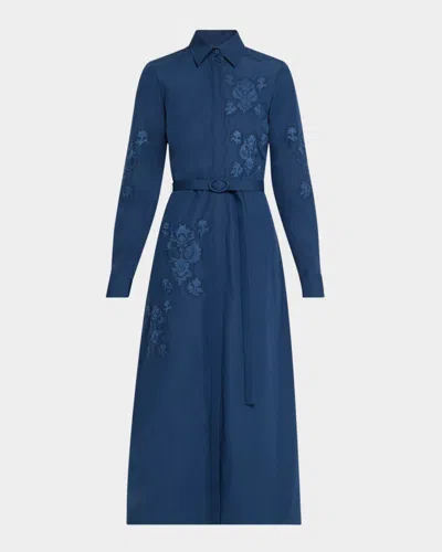 Lafayette 148 New York Baroque Embroidered Floral Long Sleeve Cotton Poplin Shirtdress In Blue