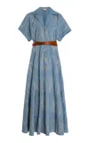 Lafayette 148 Embroidered Organic Cotton Poplin Belted Shirtdress In Blue
