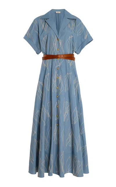 Lafayette 148 Embroidered Organic Cotton Poplin Belted Shirtdress In Blue