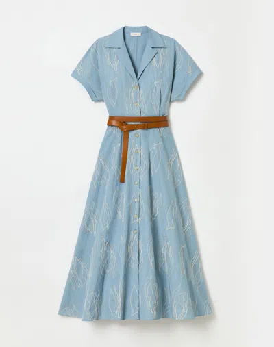 Lafayette 148 Embroidered Organic Cotton Poplin Belted Shirtdress In Paper Blue