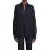 Lafayette 148 Etienne Satin Long Sleeve Blouse In Black In Blue