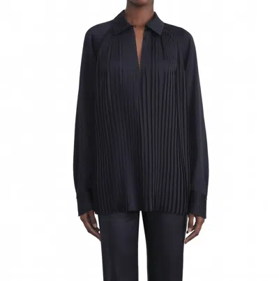 Lafayette 148 Etienne Satin Long Sleeve Blouse In Black In Blue
