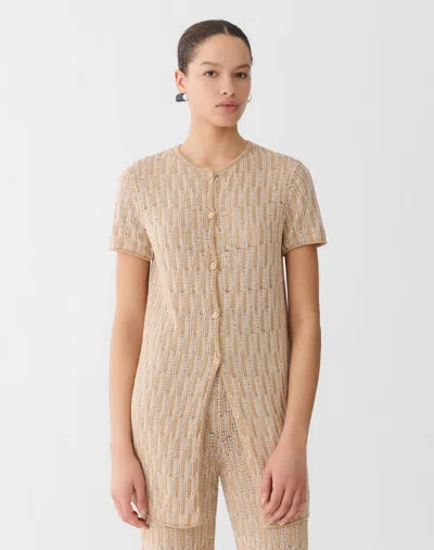 Lafayette 148 Fine Cotton Rope Lace Stitch Short Sleeve Cardigan In Brown