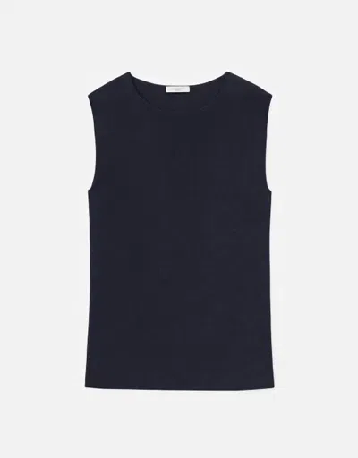 Lafayette 148 Finespun Voile Ribbed Crewneck Shell Top In Black In Blue