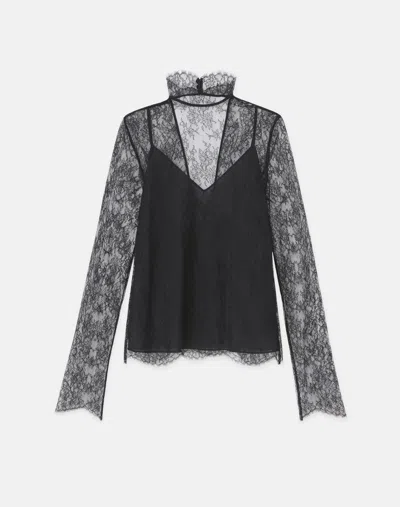 Lafayette 148 Floral Chantilly Lace Mockneck Blouse In Black