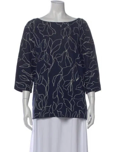 Pre-owned Lafayette 148 Floral Print Bateau Neckline Sweater In Blue