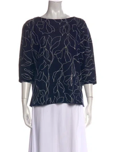 Pre-owned Lafayette 148 Floral Print Bateau Neckline Sweater In Blue