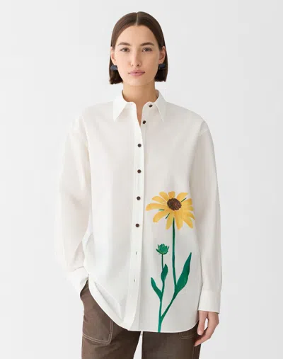Lafayette 148 Floral Print Cotton Poplin Oversized Shirt In White