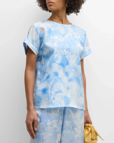 Lafayette 148 Eco Flora Print Silk Twill T-shirt Blouse In Sky Blue Multi