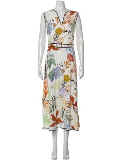 Pre-owned Lafayette 148 Floral Print Long Dress In White
