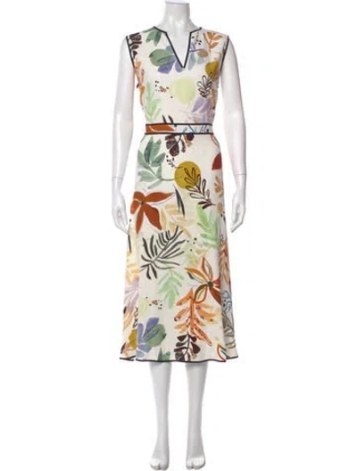 Pre-owned Lafayette 148 Floral Print Long Dress In White