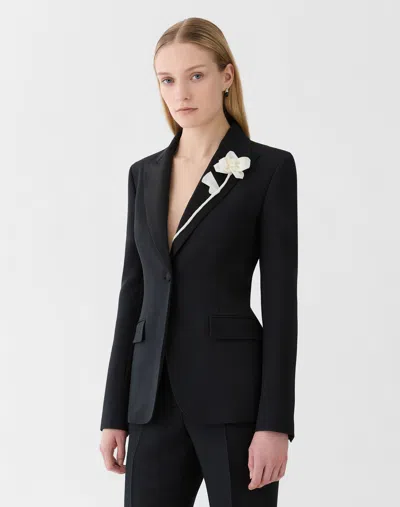 Lafayette 148 Floral Wool-silk Crepe Embellished Blazer In Black