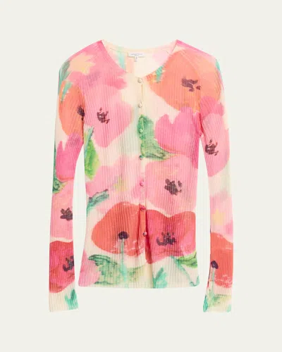 Lafayette 148 Floral-print Rib Knit Cardigan In Pink