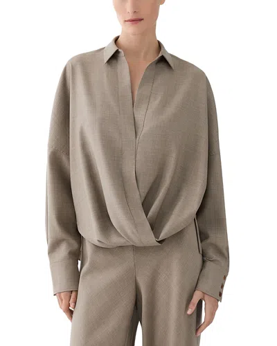 Lafayette 148 Fluid Wool Oversized Twist Waist Blouse In Hickory Melange