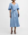 Lafayette 148 New York Plus Belted Flounced Sleeve Silk-blend Dress In Blue Oasis