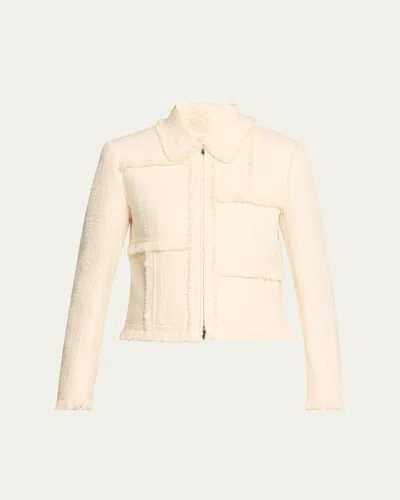 Lafayette 148 Fringe-trim Boucle Tweed Jacket In Cloud