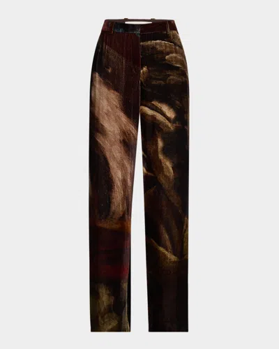 Lafayette 148 Gates Abstract-print Velvet Pants In Burnt Sienna Multi