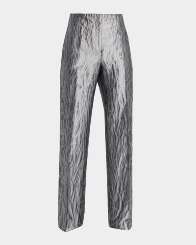 Lafayette 148 Gates Metallic Jacquard Straight-leg Pants In Silver