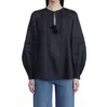 Lafayette 148 Gemma Cloth Pom-tie Pintuck Blouse In Navy In Blue